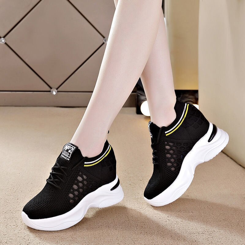Amozae Women's Sneakers Spring Sequined Casual Shoes Women Platform Heels Wedges Height Increasing 2022 Knitted Ladies Vulcanized Shoes