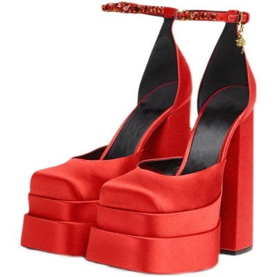 Amozae 14Cm Super High Heel Mary Janes Platform Square Toe Sandals Fashion Catwalk High Heels Pumps Runway Trendy Shoes Women Size 44