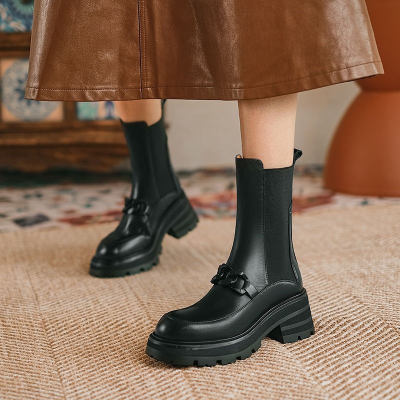 flowersverse Hot Genuine Leather Women Boots Fashion Chain Fastener Chelsea Boots Round Toe Chunky Heel Winter ANKLE Boots Women Shoes