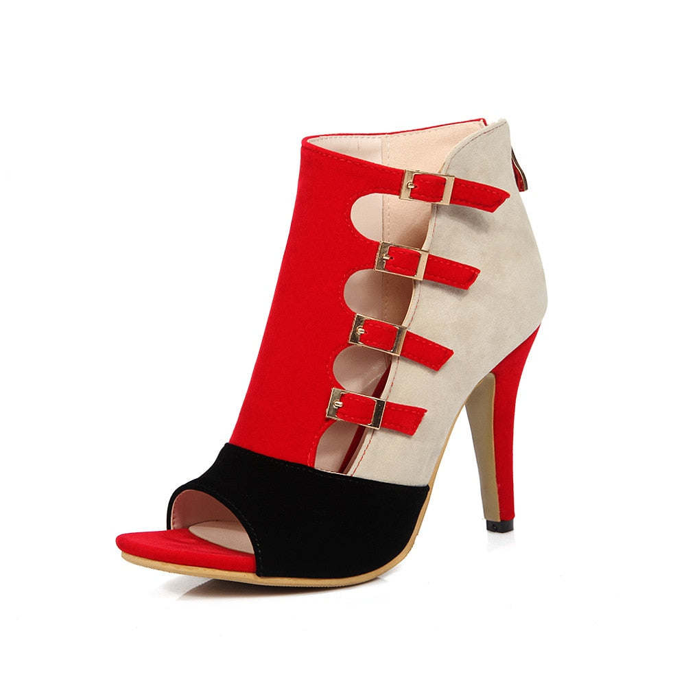 Amozae Women Spring High Heels Office Zipper 10Cm Hollow Out High Sandals Poop Toe Buckle Strap Fashion Party Wedding Shoes