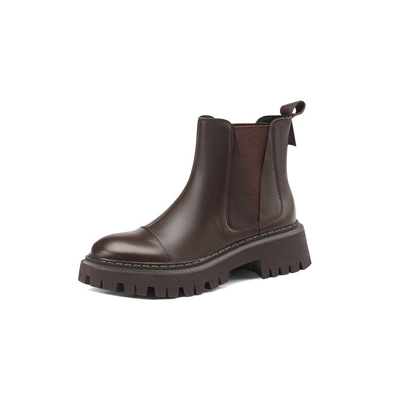 flowersverse Autumn/Winter Fashion Women Boots Thick Heel Two Colors Retro Chelsea Boot Cow Leather Women Platform Boot Flat Women Shoes