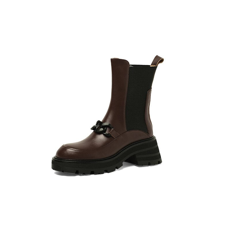 flowersverse Hot Genuine Leather Women Boots Fashion Chain Fastener Chelsea Boots Round Toe Chunky Heel Winter ANKLE Boots Women Shoes