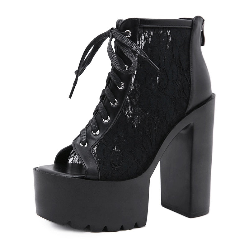 flowersverse Peep Toe Summer Ankle Boots For Women High Heel Shoes Model Party Lace Up Wedding Shoes For Women Bride White Rubber Sole
