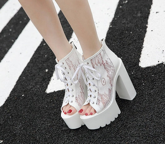 flowersverse Peep Toe Summer Ankle Boots For Women High Heel Shoes Model Party Lace Up Wedding Shoes For Women Bride White Rubber Sole