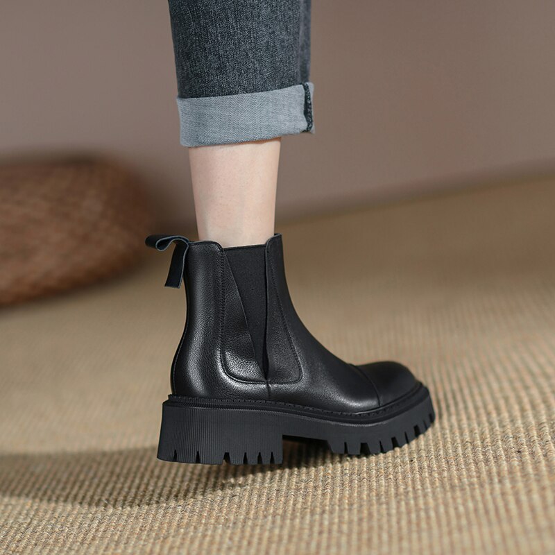 flowersverse Autumn/Winter Fashion Women Boots Thick Heel Two Colors Retro Chelsea Boot Cow Leather Women Platform Boot Flat Women Shoes