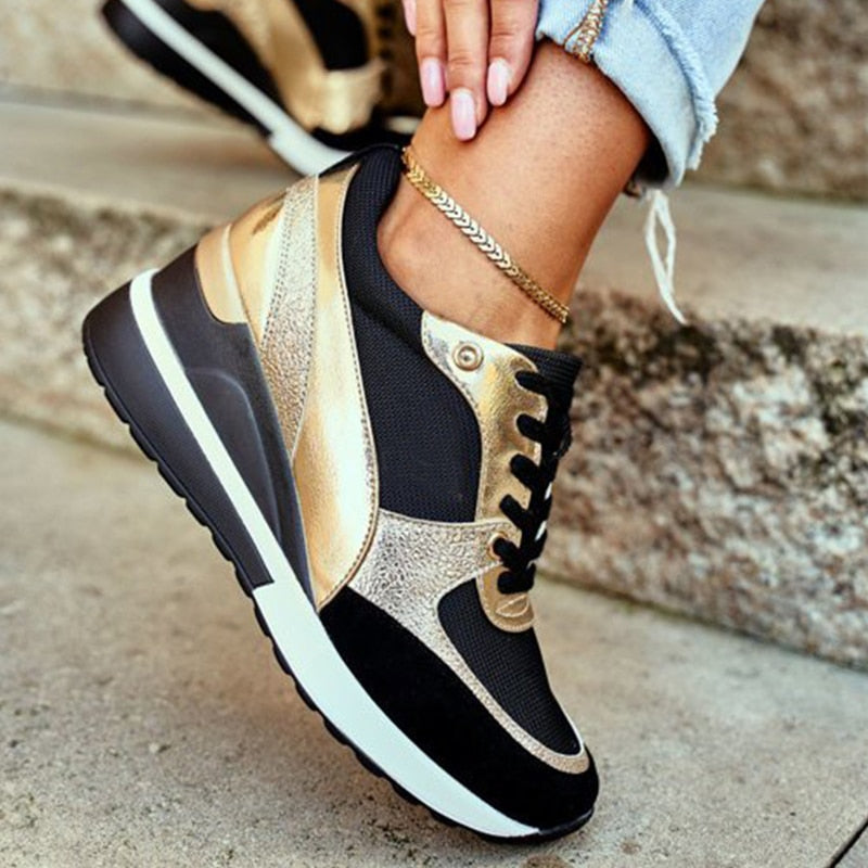 Amozae 2022 Autumn Women Sneakers Mesh Breathable Tennis Shoes For Ladies Lace-Up Outdoor Casual Chunky Wedges Shoes Females