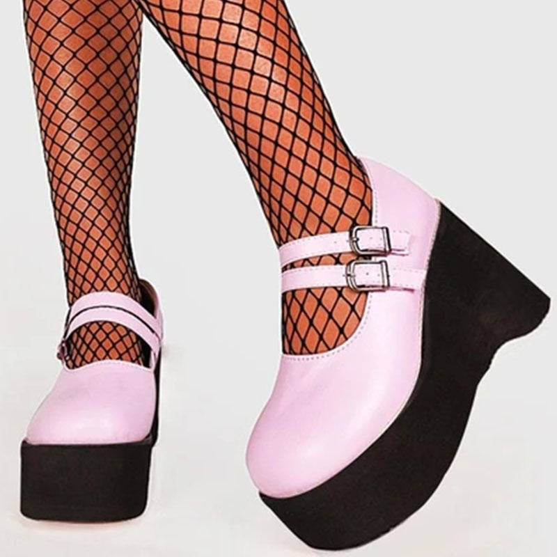Amozae Leather Women High Heels Platform Mary Janes Shoes Ladies Sandals Ankle Buckle Punk Thick Bottom Casual Female Wedge Footwear