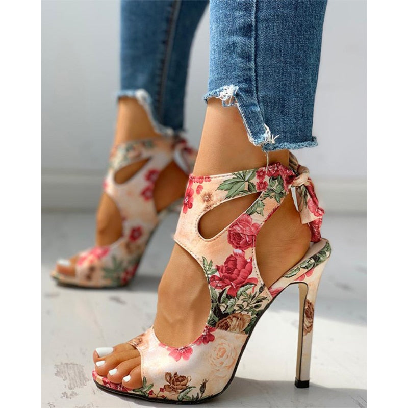 Amozae 2022 New Women Summer Thin High Heels Embroidered Peep Toe Gladiator Pumps Office Sandals Party Shoes