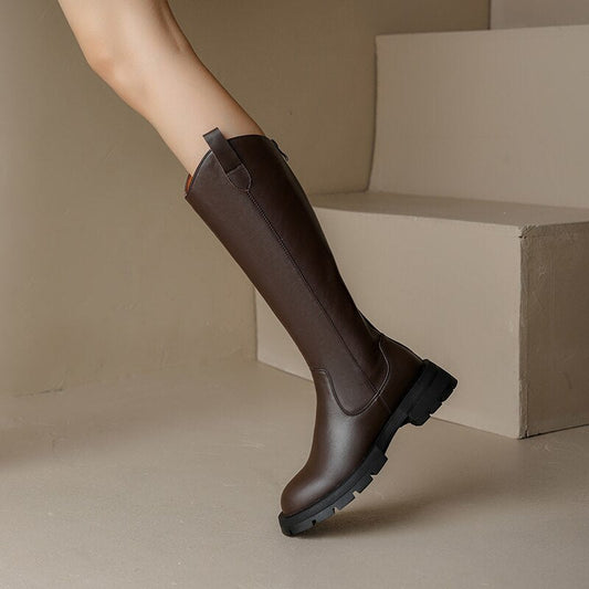 flowersverse Autumn Winter New Women's High Boots Genuine Leather Slip-On Round Toe Women Boots Thick Heel Knee-High Women Shoes WESTERN