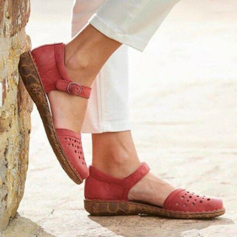 flowersverse New Women Round Toe Hollow-out Sandals Comfortable Soft Hook Loop Mary Jane Flat Sandal Breathable Non-slip For Summer