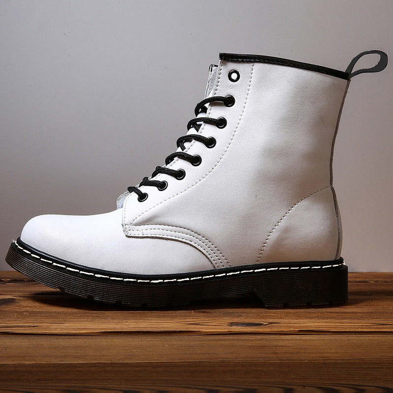 Amozae Women Boots Leather Shoes High Top Fashion Winter Warm Snow Shoes Motorcycle Men Boots Couple Unisex Booties Bottes Pour Femmes