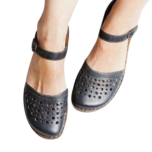 flowersverse New Women Round Toe Hollow-out Sandals Comfortable Soft Hook Loop Mary Jane Flat Sandal Breathable Non-slip For Summer