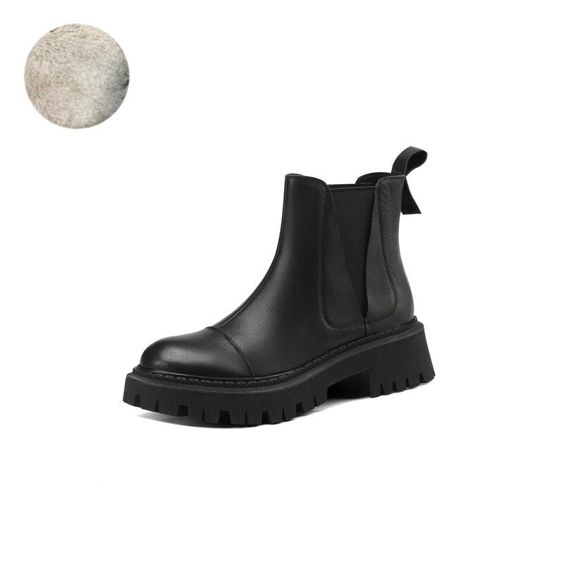 flowersverse Autumn/Winter Fashion Women Boots Thick Heel Two Colors Retro Chelsea Boot Cow Leather Women Platform Boot Flat Women Shoes