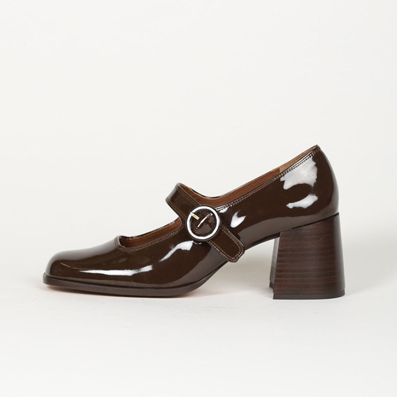 flowersverse - Woman¡®s New Mary Janes Shoes Genuine Leather Shallow Square heel Pumps Buckle Strap Round Toe Lady Footwear