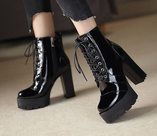 flowersverse Thick High Heeled Female Patent Leather Ankle Boots Round Toe Lace-Up Zipper Women Short Boots Gothic Women Shoes