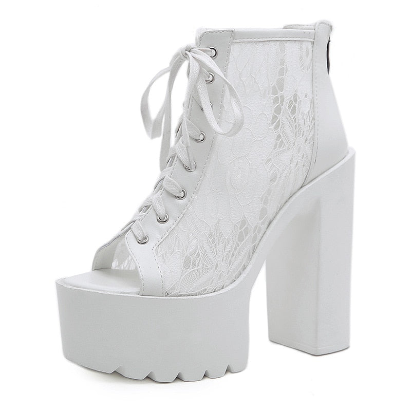 flowersverse Peep Toe Summer Ankle Boots For Women High Heel Shoes Model Party Lace Up Wedding Shoes For Women Bride White Rubber Sole
