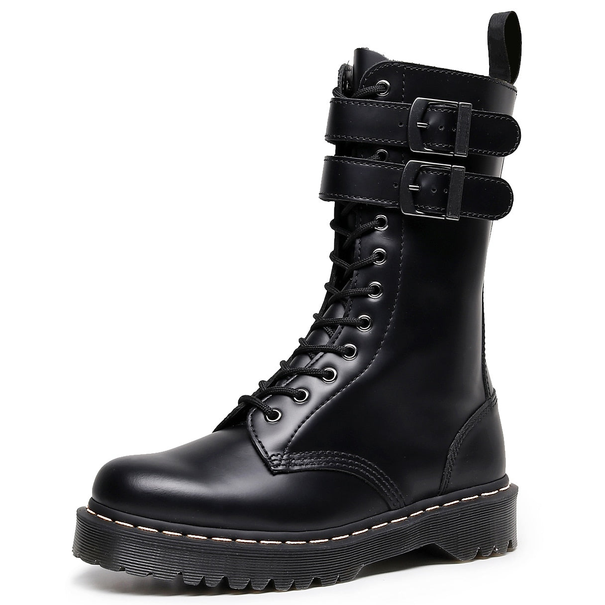 Amozae Women Platform Leather High Boots New Female Shoes Punk Buckle Long Boot Woman Lace Up Booties Black Gothic Mid Tube Boots