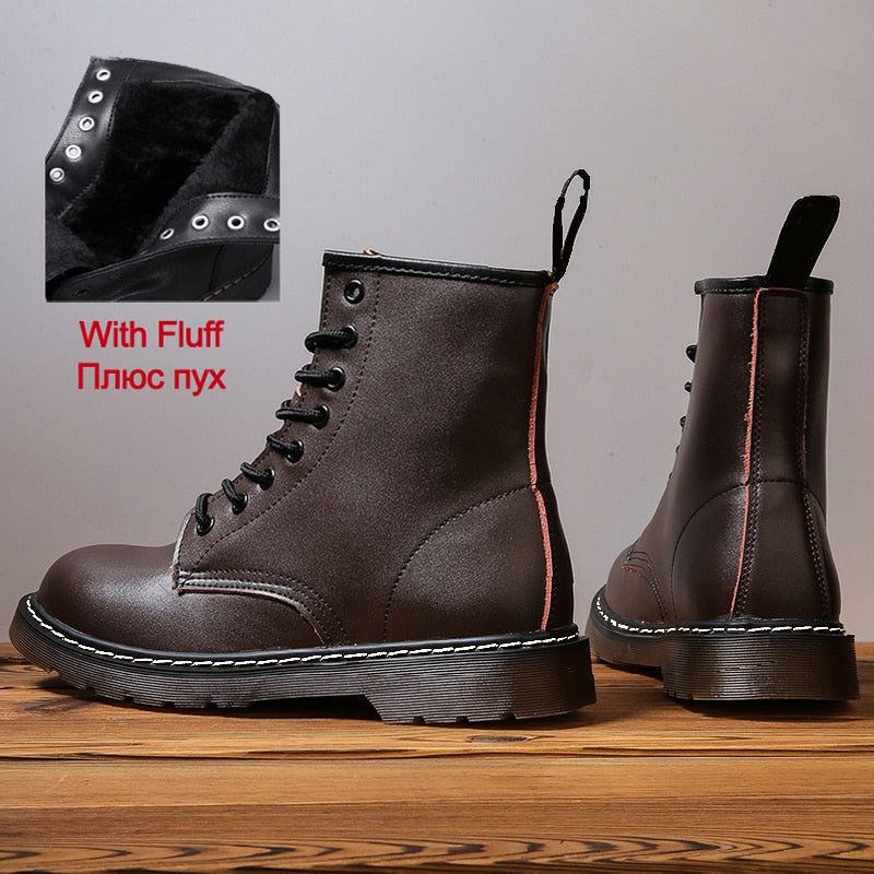 Amozae Women Boots Leather Shoes High Top Fashion Winter Warm Snow Shoes Motorcycle Men Boots Couple Unisex Booties Bottes Pour Femmes