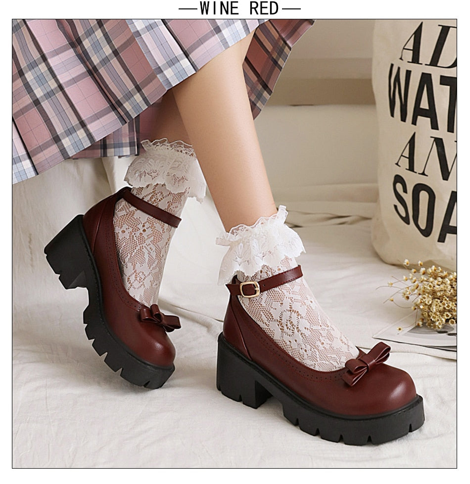 Amozae Bowknot Round Toe Ankle Buckle Lolita Shoes Girls Spring Summer Platform Heel Dropship Student Shoes College Girl Lolita