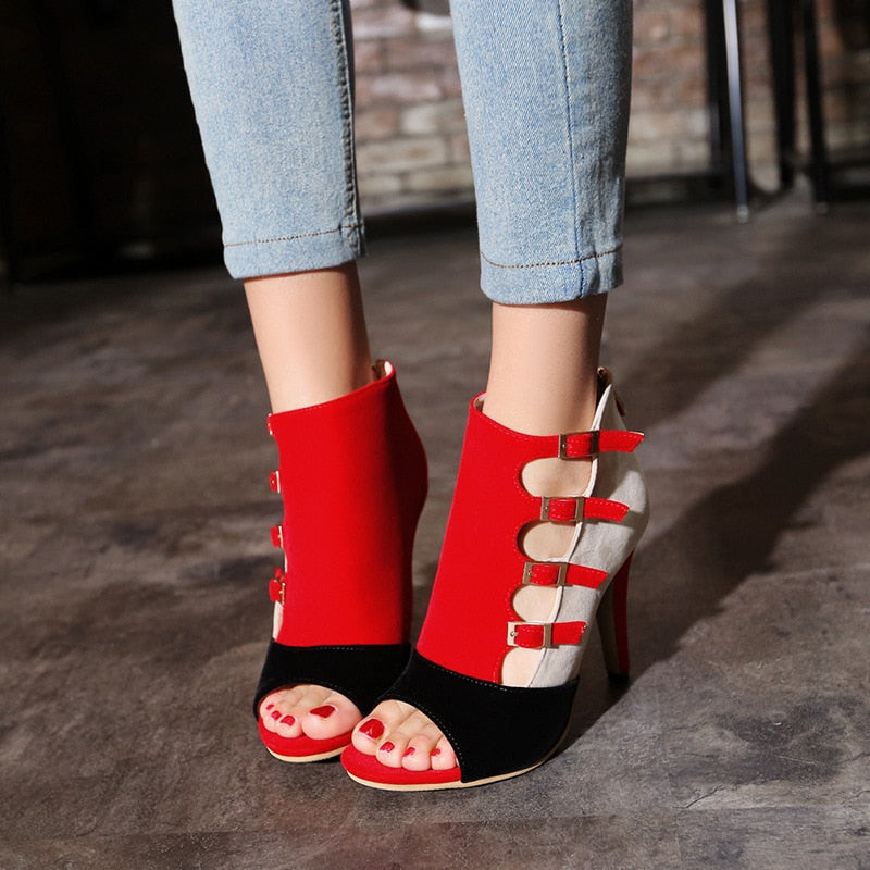 Amozae Women Spring High Heels Office Zipper 10Cm Hollow Out High Sandals Poop Toe Buckle Strap Fashion Party Wedding Shoes