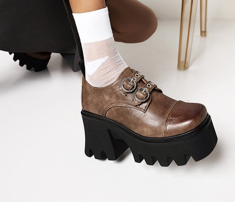 Amozae INS On Sale Lady Platform Buckle Block Heel Pumps Thick Sole Shoes For Women Vintage Goth Office Shoes