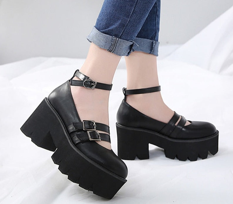 flowersverse Womens Pump Gothic Shoes Ankle Strap High Chunky Heels Platform Punk Creepers Shoes Female Fashion Buckle Comfortable