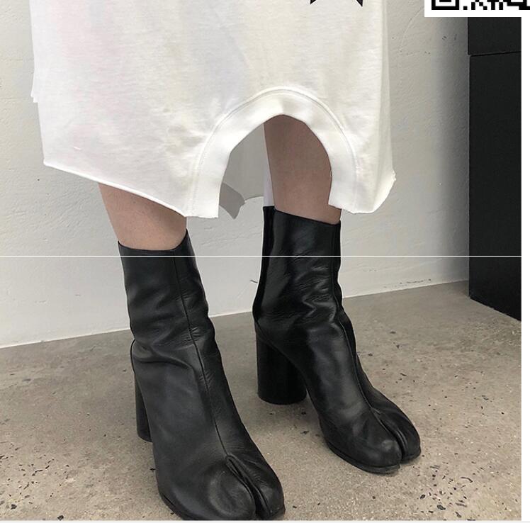 Amozae Tabi Split-Toe Women Boots Cream-Colored Leather Buckle Chunky Block Heels Booties Botas Feminina Shoes Woman