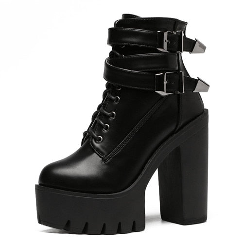 flowersverse Spring Autumn Fashion Women Boots High Heels Platform Buckle Lace Up Leather Short Booties Black Ladies Shoes Promotion
