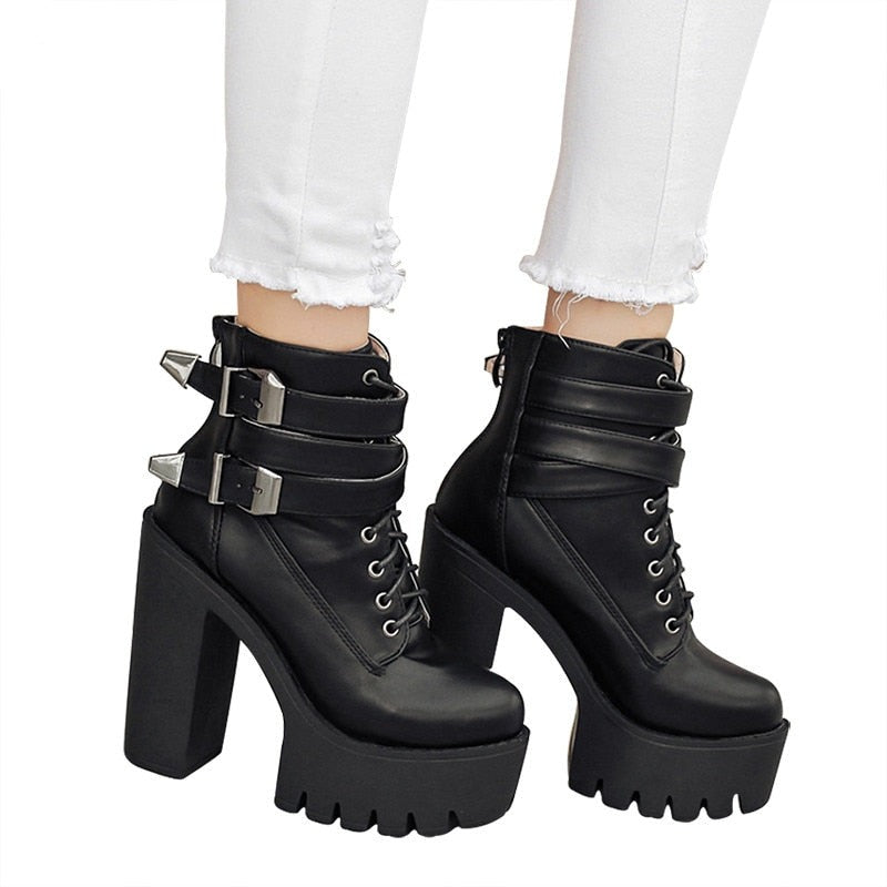 flowersverse Spring Autumn Fashion Women Boots High Heels Platform Buckle Lace Up Leather Short Booties Black Ladies Shoes Promotion