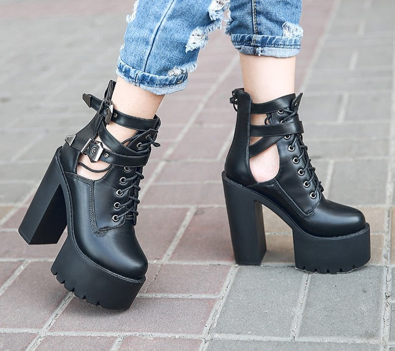 flowersverse Buckle Womens Nightclub Shoes High Heels Hollow Out Ankle Boots Platform Heels Gothic Black Leather Short Boots Lady