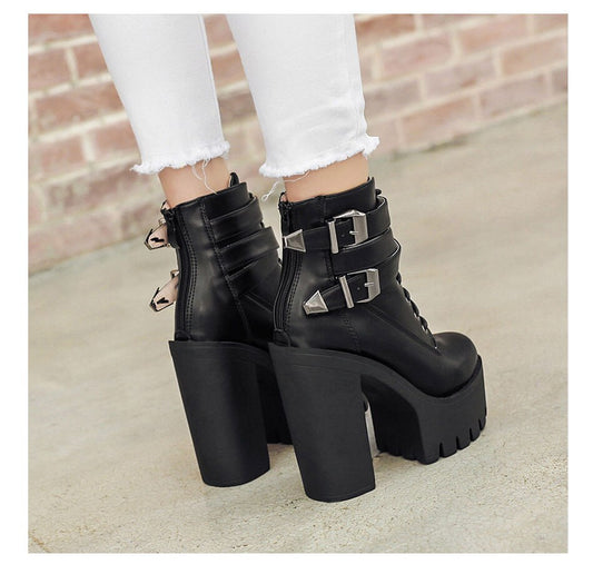 flowersverse Spring Autumn Fashion Women Boots High Heels Platform Buckle Lace Up Leather Short Booties Black Ladies Shoes Promotion