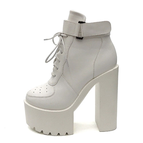 Thanksgiving flowersverse Hot Sale Russian Shoes Black Platform Boots Women Zipper Autumn High Heels Shoes Lace Up Ankle Boots White Rubber Sole