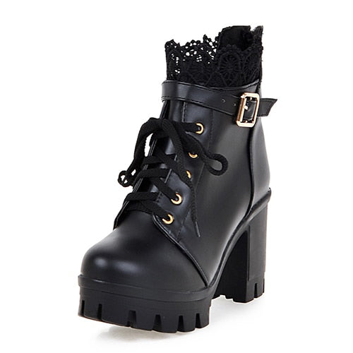 Amozae Lace Ankle Boots Thick High Heels Women Boots Lacing Round Toe Platform Ladies Shoes Large Sizes 34-43