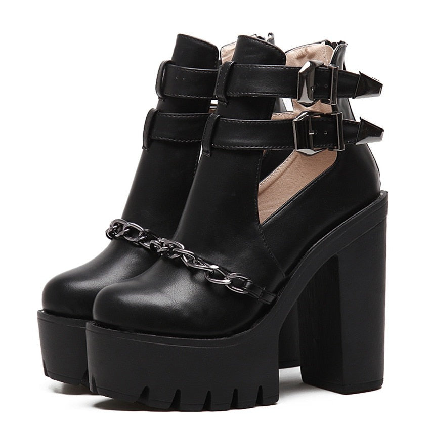 Thanksgiving flowersverse Spring Autumn Fashion Ankle Boots For Women High Heels Casual Cut-Outs Buckle Round Toe Chain Thick Heels Platform Shoes