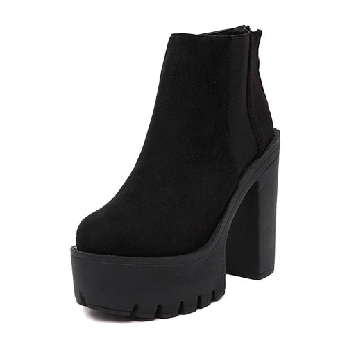 flowersverse Fashion Black Ankle Boots For Women Thick Heels Spring Autumn Flock Platform Shoes High Heels Black Zipper Ladies Boots