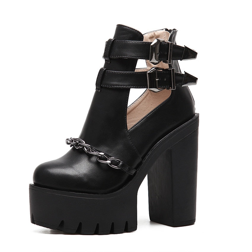 Thanksgiving flowersverse Spring Autumn Fashion Ankle Boots For Women High Heels Casual Cut-Outs Buckle Round Toe Chain Thick Heels Platform Shoes