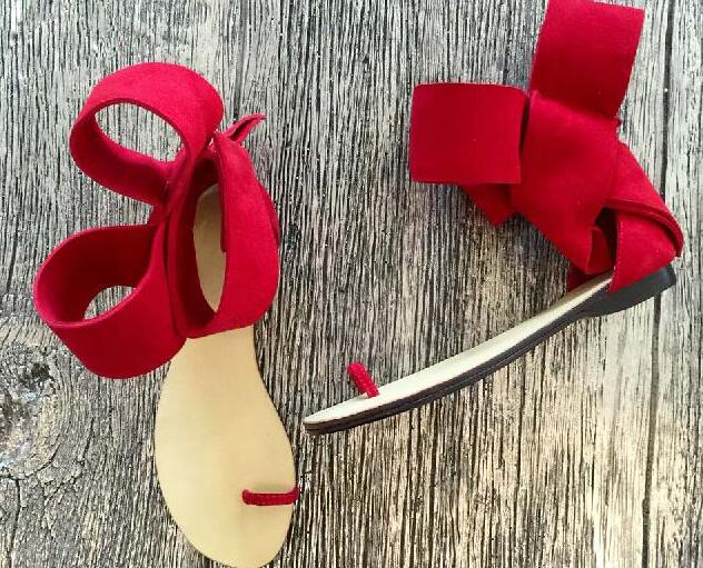 Amozae Sandalia Feminina Summer Gladiator Flat Sandals Big Bow Ankle Strap Low Heels Open Toe Black Red Party Luxury Shoes Woman 2022