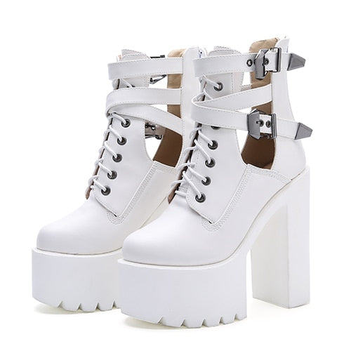 flowersverse Buckle Womens Nightclub Shoes High Heels Hollow Out Ankle Boots Platform Heels Gothic Black Leather Short Boots Lady