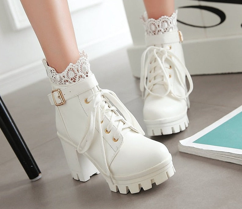 Amozae Lace Ankle Boots Thick High Heels Women Boots Lacing Round Toe Platform Ladies Shoes Large Sizes 34-43
