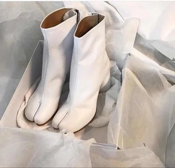 Amozae Tabi Split-Toe Women Boots Cream-Colored Leather Buckle Chunky Block Heels Booties Botas Feminina Shoes Woman