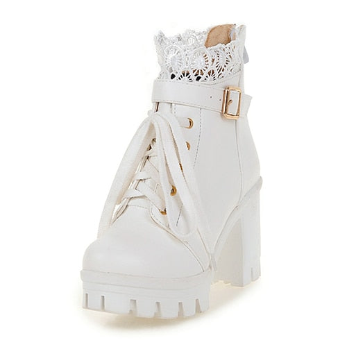 Amozae Lace Ankle Boots Thick High Heels Women Boots Lacing Round Toe Platform Ladies Shoes Large Sizes 34-43