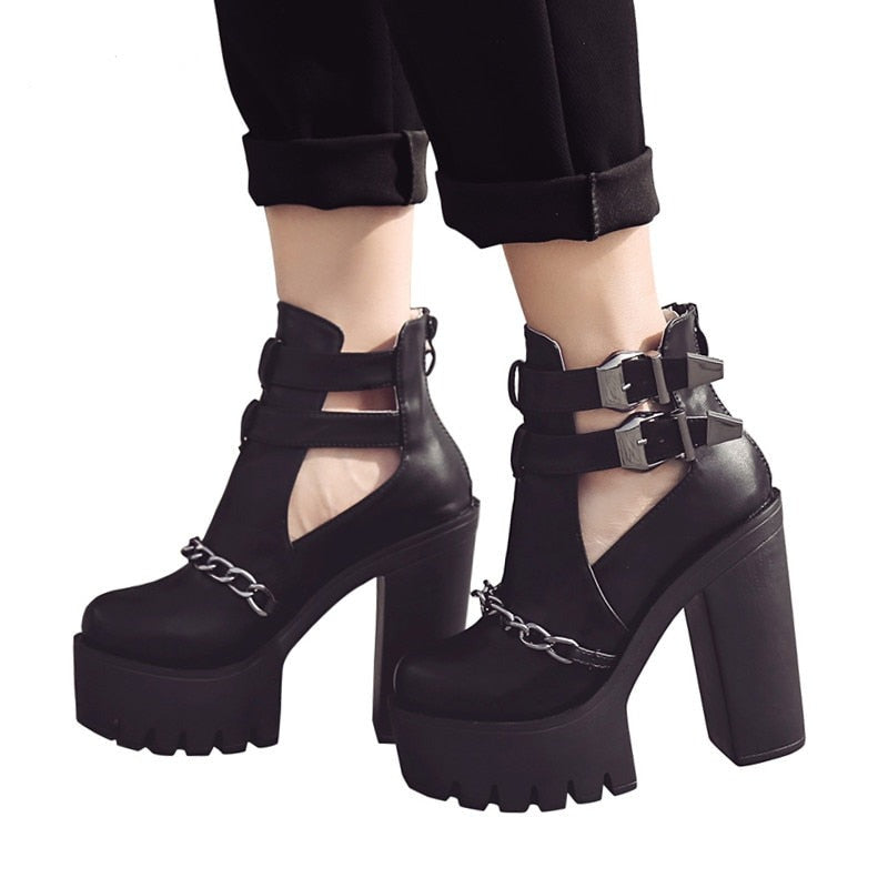 Thanksgiving flowersverse Spring Autumn Fashion Ankle Boots For Women High Heels Casual Cut-Outs Buckle Round Toe Chain Thick Heels Platform Shoes