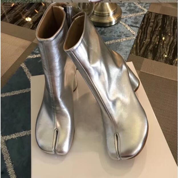 Amozae Tabi Split-Toe Women Boots Cream-Colored Leather Buckle Chunky Block Heels Booties Botas Feminina Shoes Woman