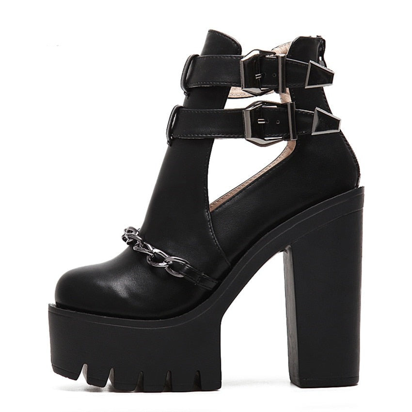 Thanksgiving flowersverse Spring Autumn Fashion Ankle Boots For Women High Heels Casual Cut-Outs Buckle Round Toe Chain Thick Heels Platform Shoes
