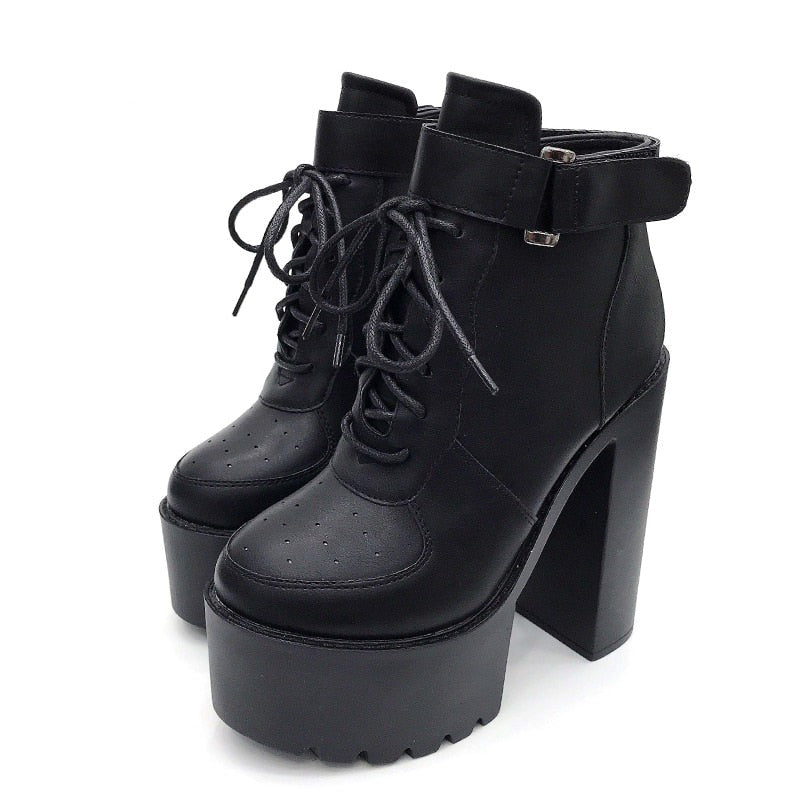 Thanksgiving flowersverse Hot Sale Russian Shoes Black Platform Boots Women Zipper Autumn High Heels Shoes Lace Up Ankle Boots White Rubber Sole