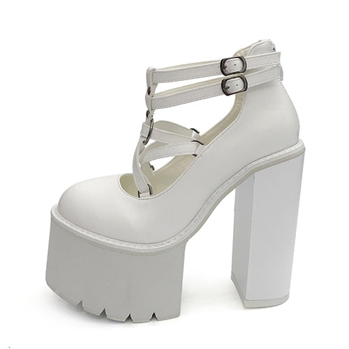 Thanksgiving flowersverse Fashion Women Pumps High Heels Zipper Rubber Sole Black Platform Shoes Spring Autumn Leather Shoes Female Gothic Pentagon
