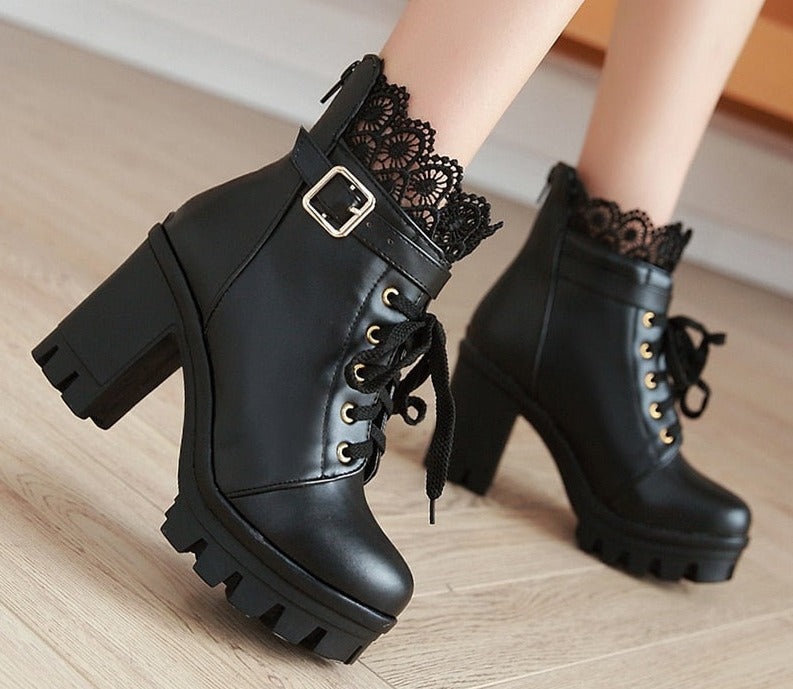 Amozae Lace Ankle Boots Thick High Heels Women Boots Lacing Round Toe Platform Ladies Shoes Large Sizes 34-43