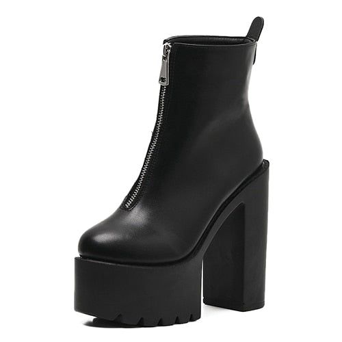 flowersverse Fashion Autumn Women Ankle Boots Leather Black Female High Heels Shoes Ultra High Platform Heels Round Toe Lady Shoe