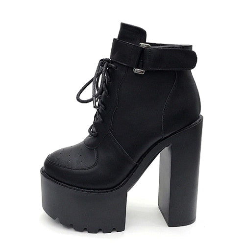 Thanksgiving flowersverse Hot Sale Russian Shoes Black Platform Boots Women Zipper Autumn High Heels Shoes Lace Up Ankle Boots White Rubber Sole