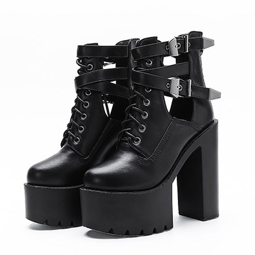 flowersverse Buckle Womens Nightclub Shoes High Heels Hollow Out Ankle Boots Platform Heels Gothic Black Leather Short Boots Lady